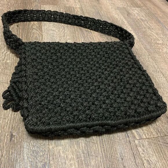 BLACK MACRAME CROCHET SHOULDER BAG PURSE - Picture 7 of 8